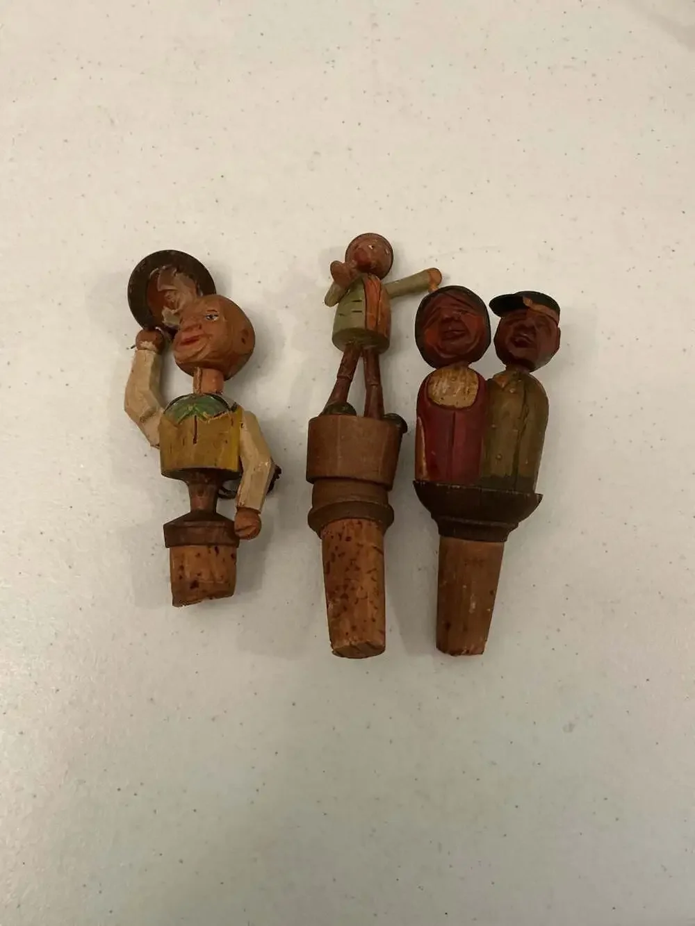 Set of 3 Vintage Hand Carved Mechanical Wooden Wine Bottle Stoppers